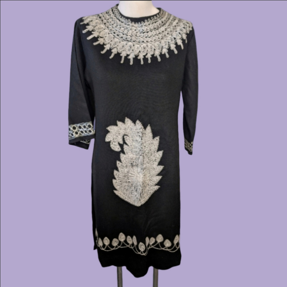 Vintage Dress Bohemian Silver Metallic Embellished Wool Midi Flower Button SzS